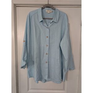 Simply‎ Noelle Linen Womens XXL 18 Roll Tab Sleeve Button Down Shirt Blue tunic